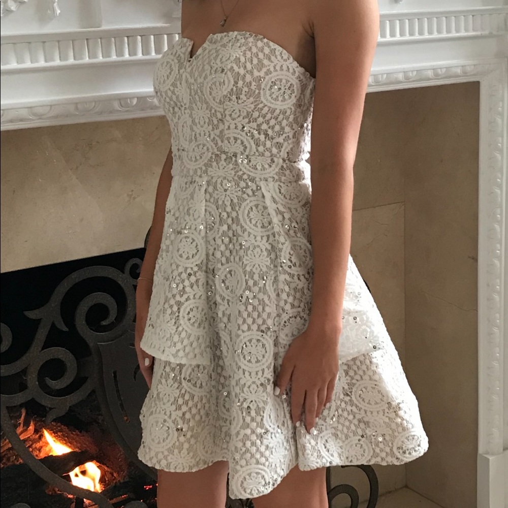 Short cream over nude prom dress